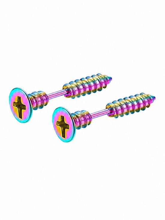 MoonFlowerBtq Jewelry - Oil Slick Rainbow Screw Stud Earrings 16G Stainless Steel Punk Grunge
